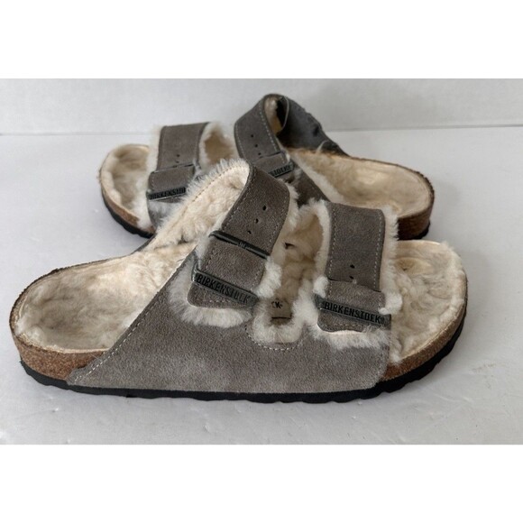 Birkenstock Shearling Sandals 39 Suede Leather Stone